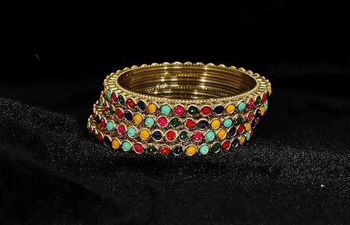 Image of NMII Glass Golden Zircon Gemstone & Colorful Beads Studded Bangles Kada Set For Women & Girls | Traditional Stylish Kangan | Bangles For Women Glass | Wedding, Party, Occasion Wear Bangle- Set of 4