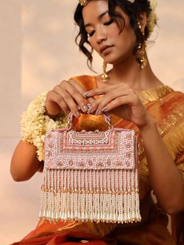 Image of THE TAN CLAN Kiara Beige Flap Over Bag Clutches for women Purses Luxury Evening Handbags for ladies with Handle