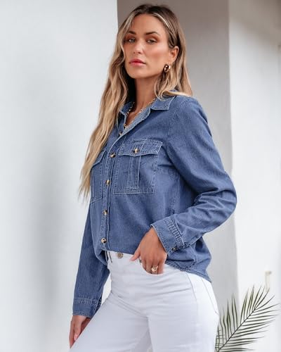 GRAPENT Denim Button Down Shirts for Women Long Sleeve Western Top Casual Cotton Relaxed Fit Jean Shirt Jacket Shacket4