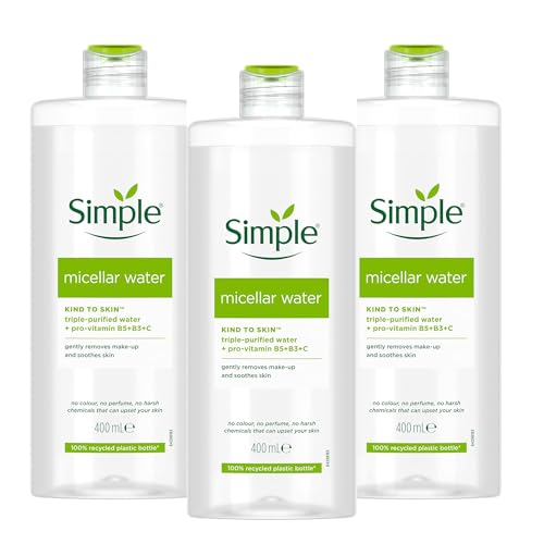 Simple Micellar Water – Kind to Skin, Triple-Purified Water + Pro-Vitamin B5, B3 & C, No Perfume, No Harsh Chemicals, Gently Removes Makeup & Soothes Skin – (400ml, Pack of 3)