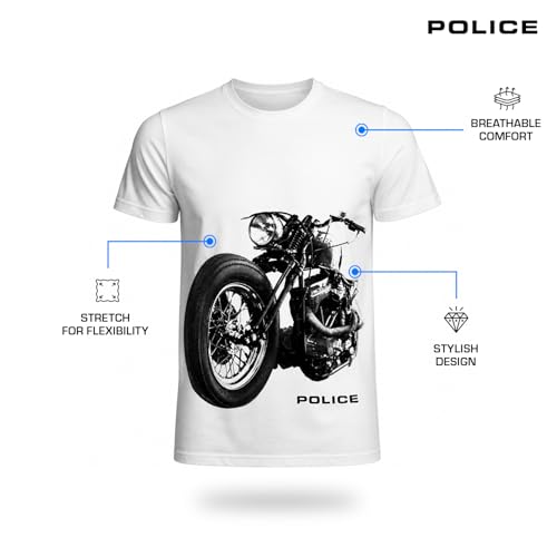 Image of Police Men's Graphic Print T-Shirt | Super Combed Cotton Rich Fabric | Round Neck Half Sleeve Casual Tee | Regular Fit | White