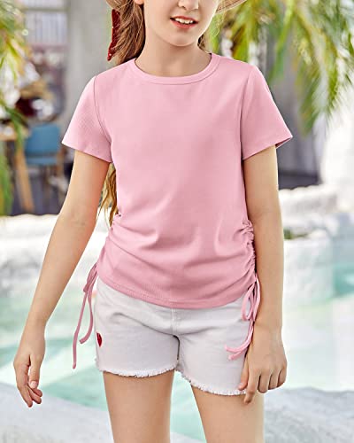 Image of Imily Bela Girls Tees Shirts Cute Crew Neck Short Sleeve Side Drawstring Solid Tops Kids Children Summer Clothes