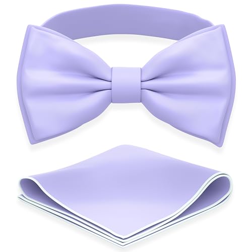 Adam Young Mens Light Purple Bow Tie with Handkerchief Pre-Tied Style Formal Satin Classic Bowtie for Tuxedo Faux Silk (Large Wisteria)