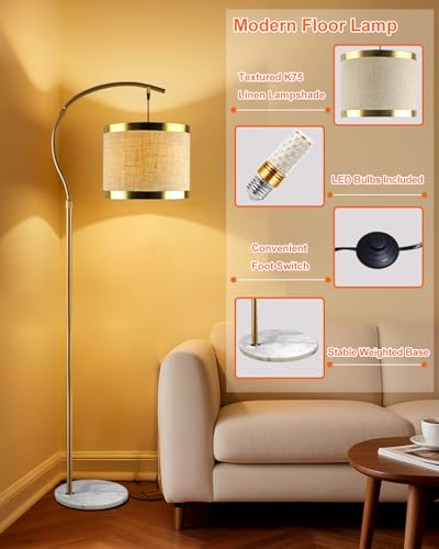 Image of Lightdot 64.9IN Gold Arc Floor Lamp, Modern Floor Lamps for for Wedding /Party, Standing Lamp with Linen Shade, Tall Floor Lamp Living Room /Bedroom (Bulbs Included)