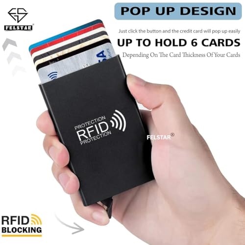 Image of FELSTAR Customized /Personalized Name Engraved Card Holder RFID Blocking Aluminum Pop Up Smart 6-7 Credit /Debit ATM Wallet for Men's and Women's Corporate Gift for Employees (RFID Blocking Print)