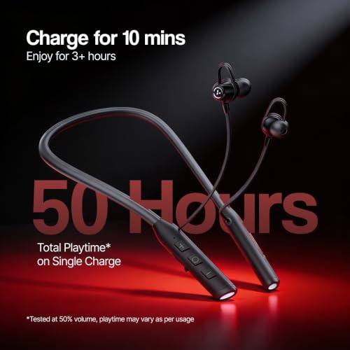 Image of Ambrane Hitz 21 Wireless Bluetooth Neckband Earphones with Mic, 60H Playback, Bluetooth 5.4, 10mm Dynamic Drivers, Deep Bass, Fast Charging, Dual Pairing, Low Latency, in-Ear Headphones - Black