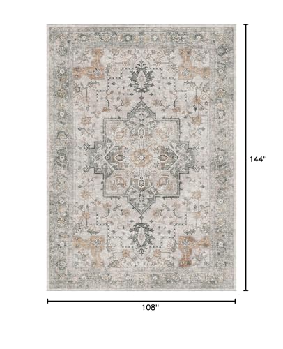 GENIMO 9x12 Area Rugs for Living Room, Non Slip Machine Washable Vintage Rugs, Low Pile Lightweight Chenille Print Large Rug for Bedroom, Dining Room, Home Office, Light Taupe Brown