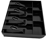 WISCOT Pack Of 1 Cash Register Drawer Insert Tray - Cash & Coin Trey Plastic Cash Drawer Organizer tray for Petty Cash Money Storage Box - Black (4 Bills 3 Coins Compartments)