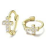 Small Gold Hoop Earrings for Women 14K Gold Plated Hoops Tiny Hypoallergenic Cubic Zirconia Cartilage Huggie Hoop Earrings for Women (Mini Cross)