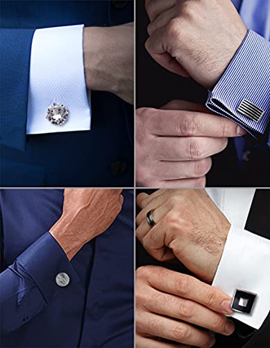 Ofeiyaa 6 Pairs Cufflinks Classic Striped Square Disc Spherical Knot CZ Rectangle Cylindrical Shirt Studs Set for Men Wedding Business Father\'s Gifts - Thumbnail 5