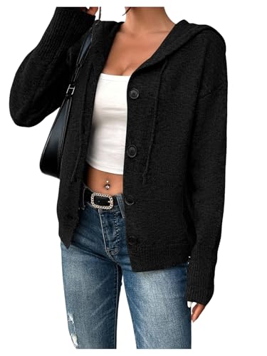 Image of RoseSeek Women's Hooded Cardigan Sweater Long Sleeve Button Front Ribbed Knit Jacket Cardigan Trendy