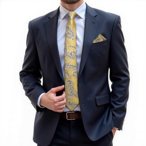 Image of DiBanGu Silk Zipper Ties for Men,Paisley Solid Plaid Pre-tied Tie and Pocket Square Cufflinks Set Formal Adjustable Necktie