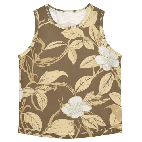 susiyo Retro White Flowers on Brown Boys Sleeveless Tank Top Girls Athletic T Shirt