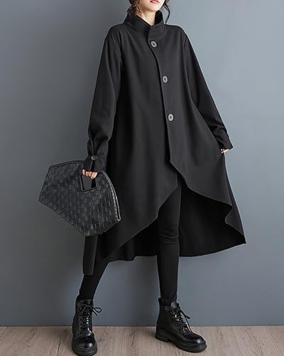 ellazhu Women's Coat High Neck Button Down Long Sleeve High Low Flowy Hem Solid Loose GZ294 A3