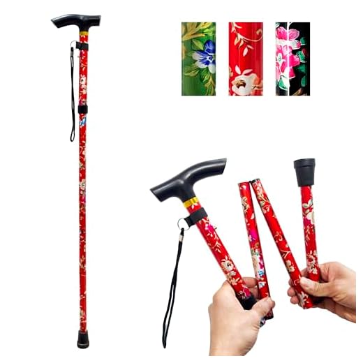 PLASTIFIC Walking Stick, Easy Adjustable Height Folding Extendable Walking Cane, Lightweight Flexible and Durable Walking Aid Mobility Aid Collapsible Walking Stick (Red Flower)
