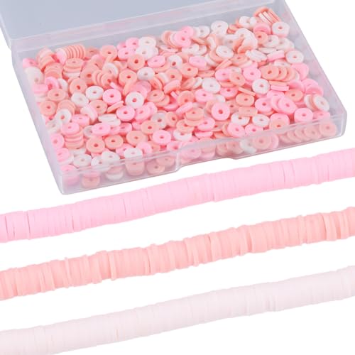 SUNNYCLUE 1 Box 1000PCS+ 6mm Pink Heishi Beads Polymer Clay Beads Small Mini Refill Round Flat Disc Vinyl Spacer Loose Beads Bulk for Jewellery Making DIY Bracelets Necklace Chocker Craft Supplies