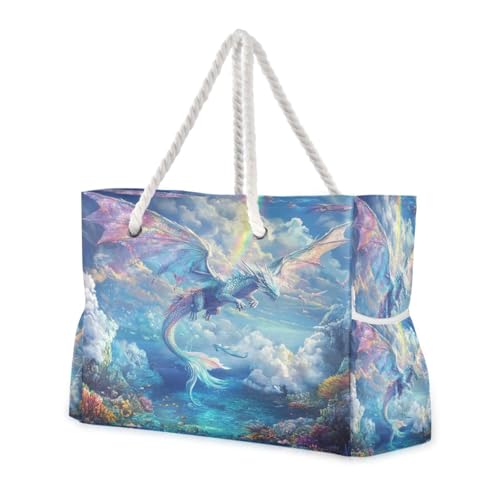 Majestic Dragon Beach Bag & Travel Tote Bag Large Sandproof with Zipper Closure, Wet Pouch for Swim Gym Travel, Lightweight Foldable Outdoor Bag