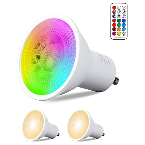 REYLAX GU10 LED Colour Changing Light Bulbs, 6W Dimmable gu10 LED Bulbs Warm White 3000K, RGB 12 Colors Spotlight Bulb with Remote Control, 5 Modes, Equivalent 50 Watt Lamps, Pack of 2 Cover