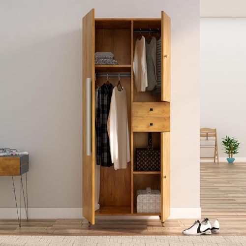 Image of Bniture 3 Door Wooden Wardrobe for Bedroom | Almirah for Clothes with 3 Shelves & 2 Hanging Sections | Full Height Storage Cupboard for Bedroom | Storage Cupboard with Long Bar Handle | Giant Wood