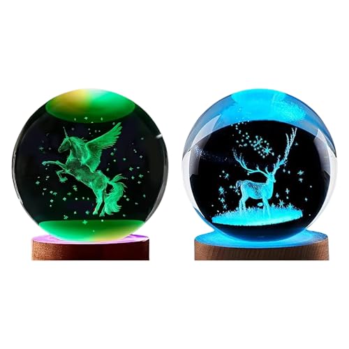 Image of 2 Pcs 3D Unicorn and Deer Crystal Ball Light, USB Powered with Wooden Base Perfect for Home Decor, Office, Birthday Gift & Kids Bedroom