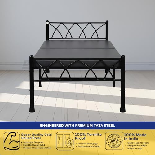 Image of DELITE KOM Mario Foldable Metal Single Bed (6.7x3ft) with Mattress | No Install | 1 Year Warranty | Strong Metal Single Bed, 204.5 cm x 92 cm (6.71 ft x 3.02 ft) (Finish Color - Black