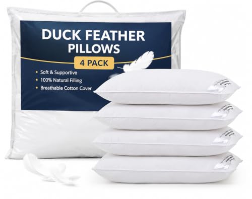 Image of Adam Home Duck Feather Pillows 4 Pack Hotel Quality (Standard Size) - Luxury Down Pillows Extra Soft Filling Filled in 100% Cotton Cover (White, 48 * 74)