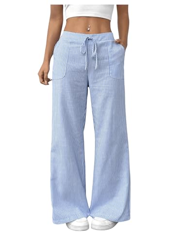 GORGLITTER Women's Striped Wide Leg Pants Drawstring Waist Lounge Pants Straight Leg Slant Pocket Trousers Blue Large