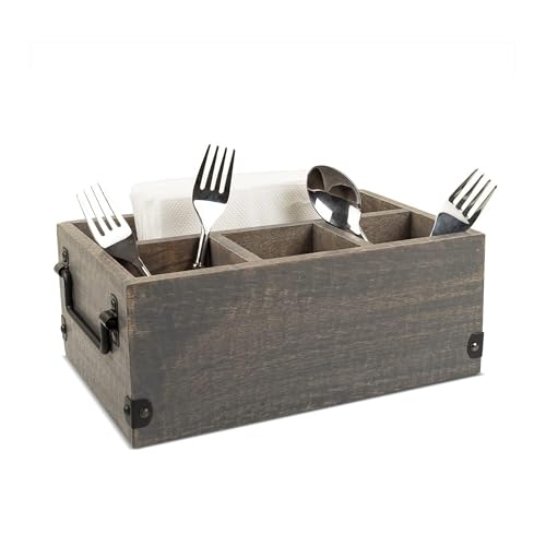 GoCraft Besteckkorb mit 4 Fächern, Besteck-Utensilienhalter, Besteck-Organizer mit Serviettenhalter für Küche, Esszimmer, Picknicks, grau gewaschenes Mangoholz mit Metallgriffen