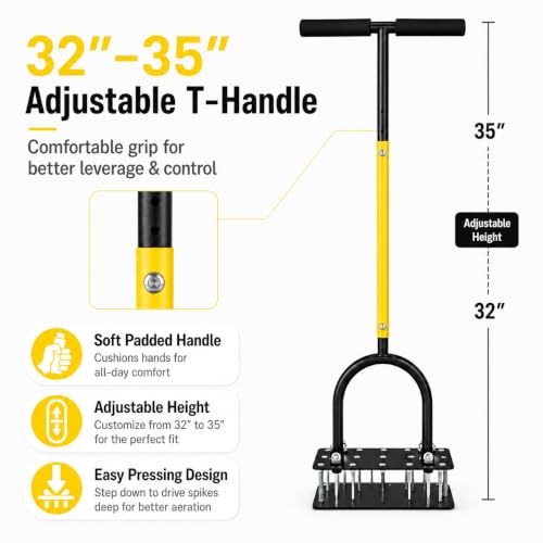Aerator Lawn Tool with 15 Sharp Metal Spikes,Adjustable T-Handle & Auto-Cleaning Spring Plate, Manual Heavy Duty Anti-Clog Grass Aerator for Compact Soil,Grass,Yard, Lawn Care by Susbie - Image 2