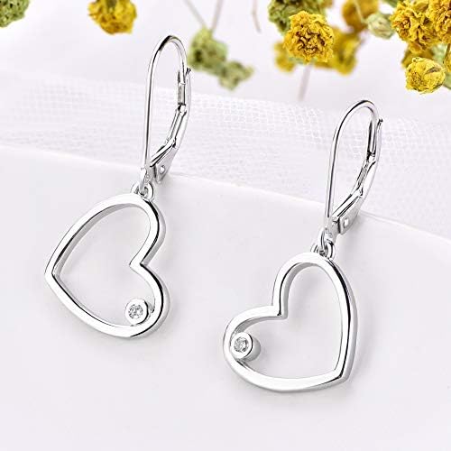 JO WISDOM Women Heart Earrings,925 Sterling Silver 5A Cubic Zirconia Leverback Dangle & Drop Earrings with White Gold Plated