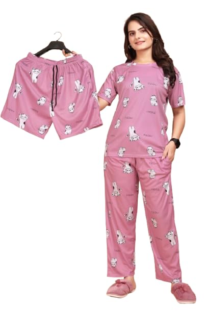 S K_Trading 3 Pcs Women Printed Co-Ords Set Night Suit and Night Dress T-Shirt Pyjama Combo-image-38