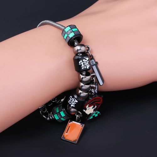 DIY Tanjiro Beads Bracelet Gifts – Anime Charm Jewelry Inspired by Tanjiro with Sword Pendant, Green Beads & Enamel Charms – Cosplay Accessory for Fans & Collectors2