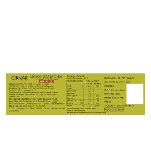 Image of Girnar Instant Premix Lemongrass Chai (10 Low Sugar Sachets)