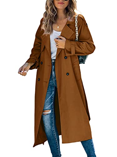 Makkrom Womens Double Breasted Long Trench Coat Classic Lapel Slim Windproof Overcoat with Belt