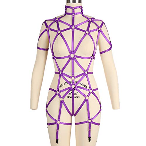 Women's Body Harness Underwear Full Waist Garter Belt Punk Gothic Carnival Elastic Adjustable Bra Clothing Accessory (Purple) #TOP2