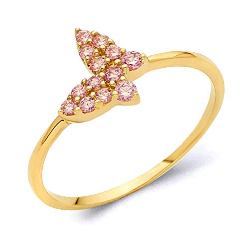 Wellingsale Ladies Solid 14k Yellow Gold Polished CZ Cubic Zirconia Butterfly Right Hand Fashion Ring - Size 7