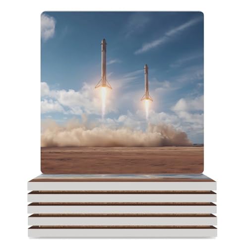 Spacees Falcon Heavy Boosters Landing Coaster for Drinks Square Ceramic Table Coasters Stone Mat Crafts 6PCS Home Kitchen Decor