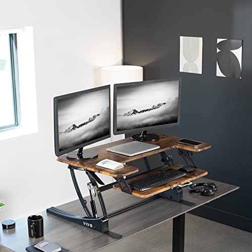Image of VIVO Rustic Vintage Brown 36 inch Standing Desk Converter, DESK-V000VN | Height Adjustable, Stand Up Desk Riser, Wide Keyboard Tray, Dual Monitor and Laptop Workstation, Black Frame, V Series
