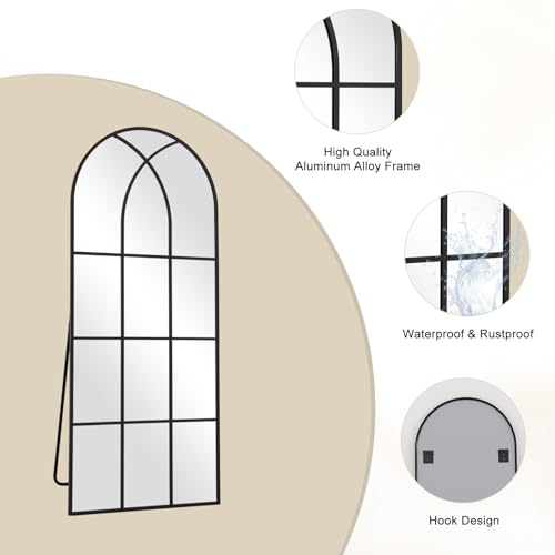Image of Arched Window pane Full Length Mirror 24 inchx65 inch, Full Body Standing Mirror, Window Shaped Farmhouse Style with Aluminum Frame, Decor Wall Mirrors for Living Room, Courtyard, Bedroom, Entryway, Black