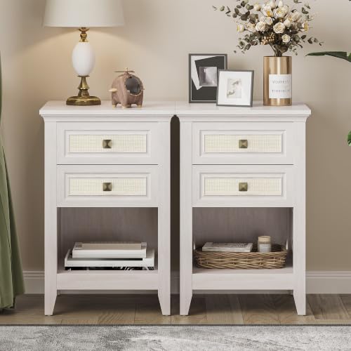 Image of 2-Pack Bedside Tables with Storage, Boho Rattan Nightstand with Drawer, 27 inch Tall Wood Accent Table for Bedroom, Modern Grayish White Couch Side Table for Small Spaces