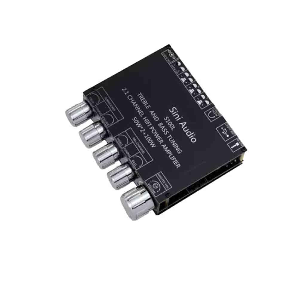 Angled view of the XY-S100L amplifier board showing the control knobs and labels.