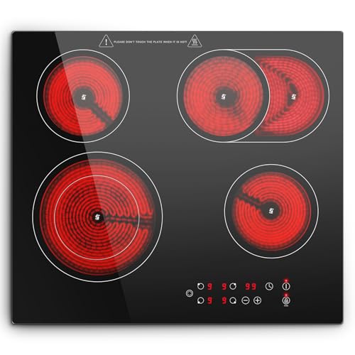 KICHPOWER Glaskeramikkochfeld 4 Platten, Einbau Kochfeld 60cm, Herdplatte 4 Kochfelder, 6600W, Doppel & Ovale Kochzone, 9 Heizstufen, Touch, Timer, Restwärmeanzeige, Kindersicherung, für alle Töpfe
