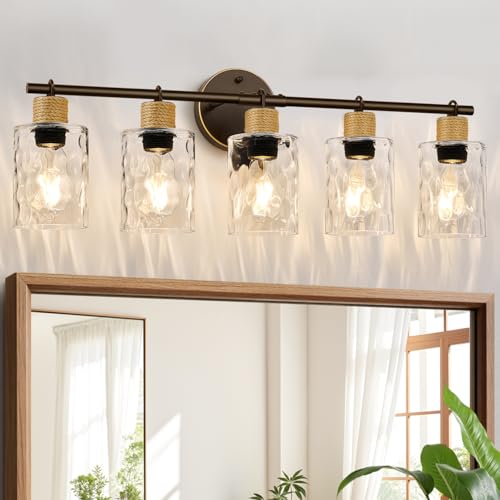 Image of MOKATNG Bathroom Light Fixtures, 5-Light Coastal Vanity Lights with Crystal Glass Shade, Oil-Rubbed Bronze Bathroom Wall Lamp for Mirror Kitchen Hallway Cabinet