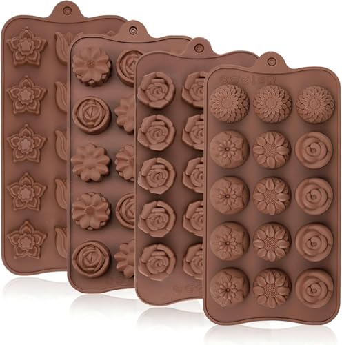 Image of Moldberry 4PCS Silicone Chocolate Flower Molds for Candy, Fat Bombs Snacks, Truffles, 11 Floral Shapes 60 Cavities Candle Soap Wax Melts Mold (Rose, Sunflower, Tulip, Coreopsis)