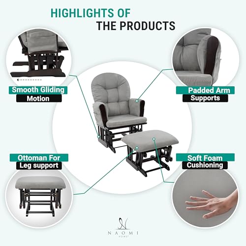 Nursery Glider & Ottoman Sets, Reclining Glider Rocker with Ottoman, Nursery Rocking Breastfeeding Maternity Chair for Baby Room, Recliner Glider with Ottoman, Padded Arms - Espresso, Dark Gray - Image 6