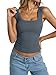 EasyGala Womens Cotton Ribbed Square Neck Tank Tops Basic Backless Camisole Sleeveless Slim Fit Wide Shoulder Strap Summer Clothes 2025 Grey Blue M
