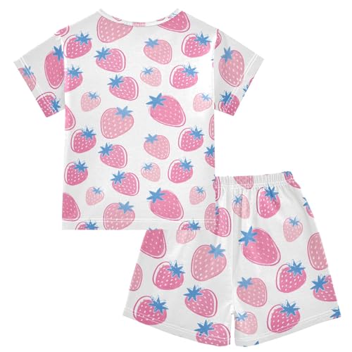 Strawberry White Pink Pattern Summer Cute Pajama Sets, Short Sets for Daily Wears and Sleep Wears2