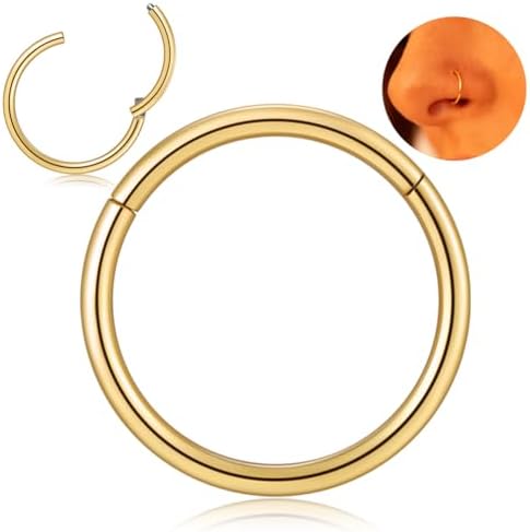 Afftiny Nose Rings Hoops Septum, Surgical Steel Seamless Clicker for Tragus Helix Conch Daith, Hypoallergenic, 20G/18G/16G, 6-12mm, Gold, Silver, Black, Rainbow, Rose Gold (Gold, 2pcs-18G-6mm)