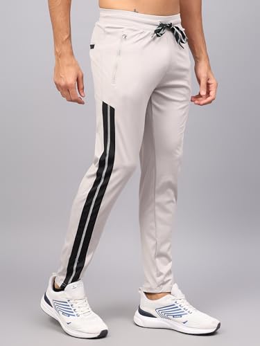 Image of Men 4 Way Lycra Bottom Contrast Striped Gym, Yoga & Sports Wear Stretchable Dri Fit Track Pant with Zipper Pockets Light Grey Medium