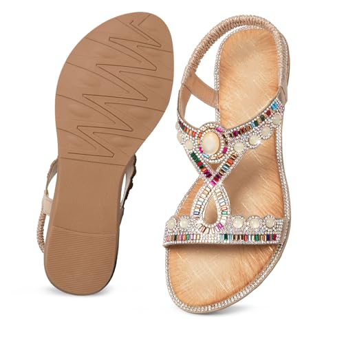 Image of iCKER Womens Rhinestone Strappy Flat Sandals Elastic Ankle Strap Open‑Toe | Sparkling,for wedding,party,evening dates,special occasion,Vacation,Formal